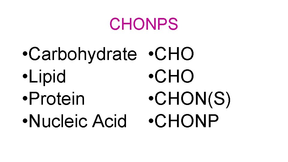 CHONPS • Carbohydrate • Lipid • Protein • Nucleic Acid • CHON(S) • CHONP