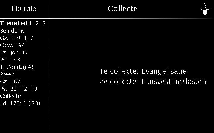 Liturgie Themalied: 1, 2, 3 Belijdenis Gz. 119: 1, 2 Opw. 194 Lz. Joh.