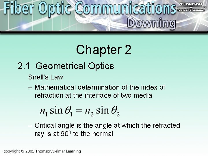 Chapter 2 2. 1 Geometrical Optics Snell’s Law – Mathematical determination of the index