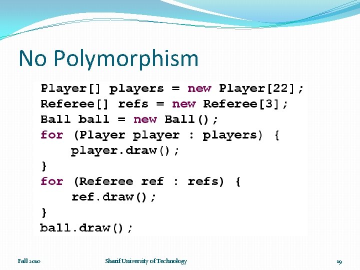 No Polymorphism Fall 2010 Sharif University of Technology 19 