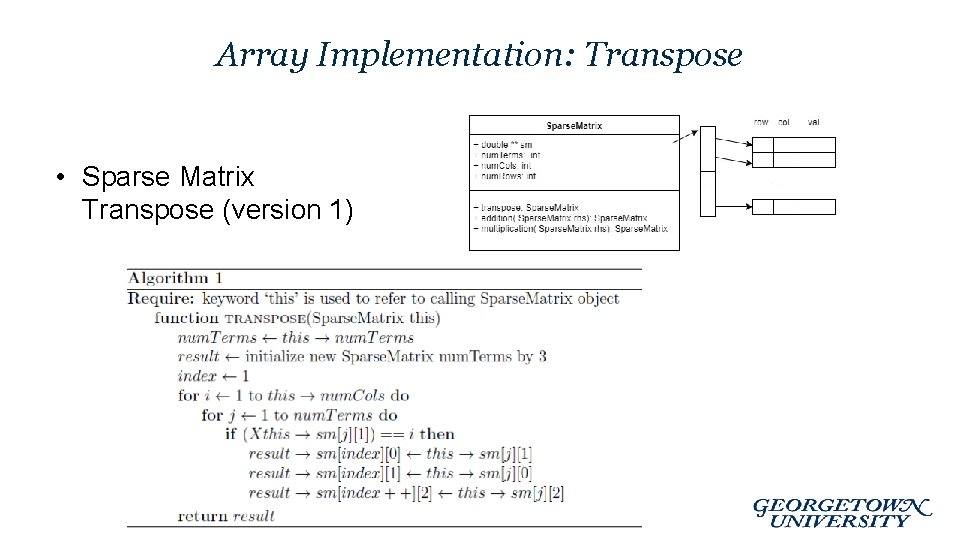 Array Implementation: Transpose • Sparse Matrix Transpose (version 1) 