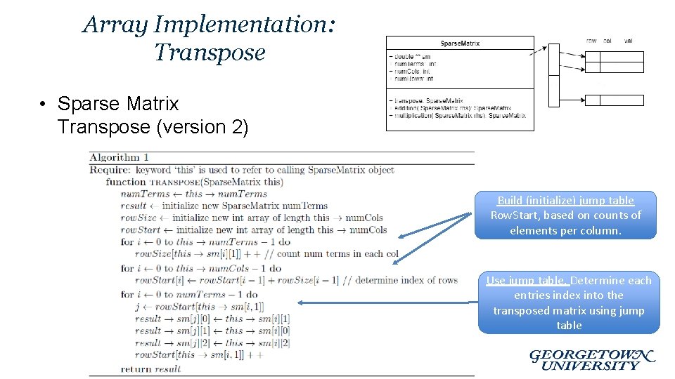 Array Implementation: Transpose • Sparse Matrix Transpose (version 2) Build (initialize) jump table Row.