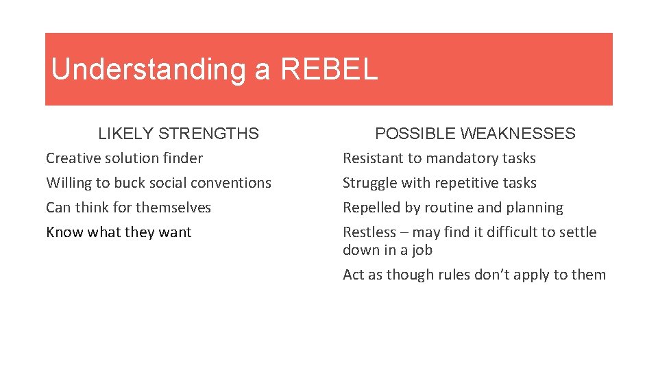 Understanding a REBEL LIKELY STRENGTHS Creative solution finder Willing to buck social conventions Can