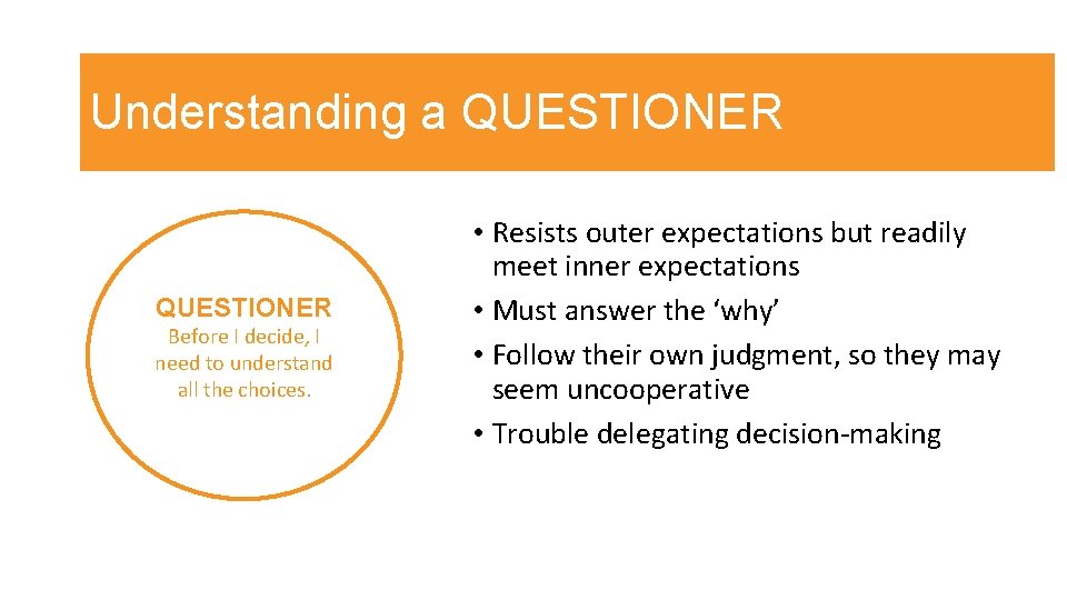 Understanding a QUESTIONER Before I decide, I need to understand all the choices. •