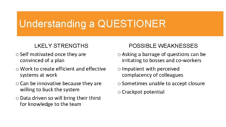 Understanding a QUESTIONER LKELY STRENGTHS o Self motivated once they are convinced of a