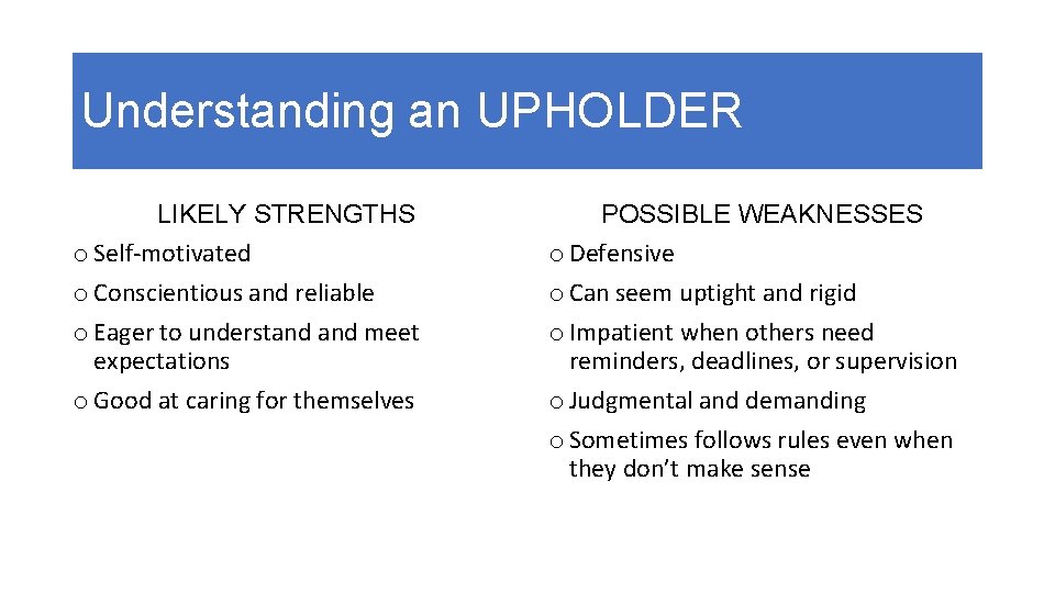 Understanding an UPHOLDER LIKELY STRENGTHS o Self-motivated o Conscientious and reliable o Eager to