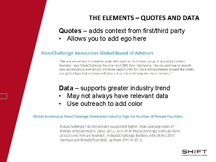 THE ELEMENTS – QUOTES AND DATA Quotes – adds context from first/third party •