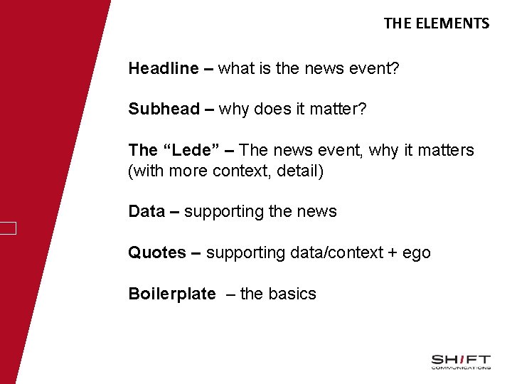 THE ELEMENTS Headline – what is the news event? Subhead – why does it