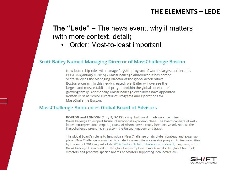 THE ELEMENTS – LEDE The “Lede” – The news event, why it matters (with