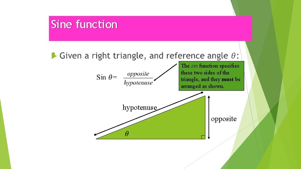 Sine function The sin function specifies these two sides of the triangle, and they