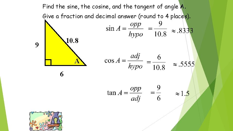 Find the sine, the cosine, and the tangent of angle A. Give a fraction