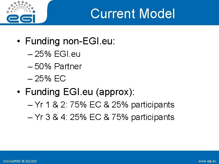 Current Model • Funding non-EGI. eu: – 25% EGI. eu – 50% Partner –