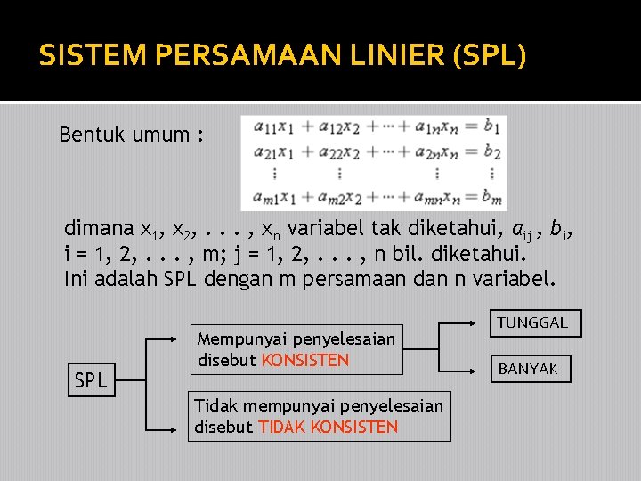 SISTEM PERSAMAAN LINIER (SPL) Bentuk umum : dimana x 1, x 2, . .