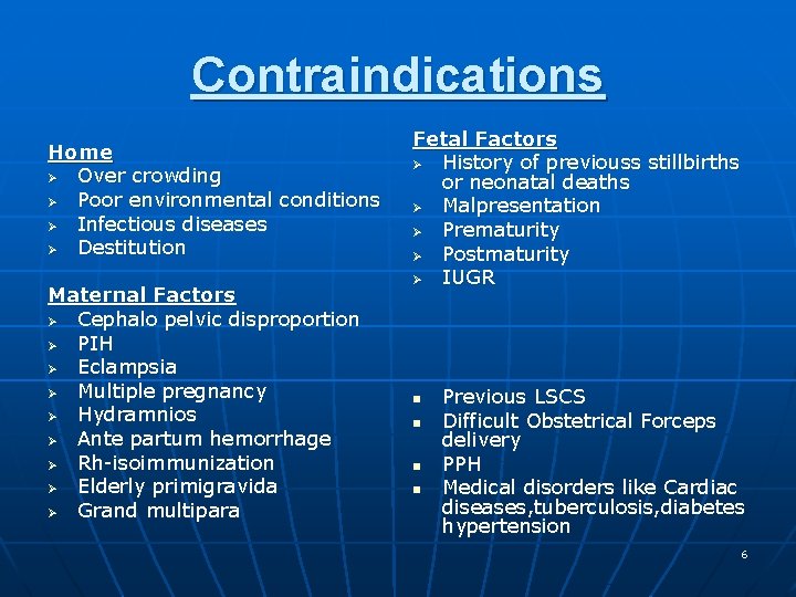 Contraindications Home Ø Over crowding Ø Poor environmental conditions Ø Infectious diseases Ø Destitution