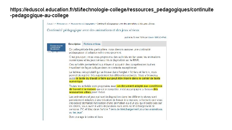 https: //eduscol. education. fr/sti/technologie-college/ressources_pedagogiques/continuite -pedagogique-au-college 