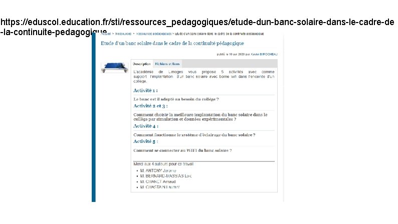 https: //eduscol. education. fr/sti/ressources_pedagogiques/etude-dun-banc-solaire-dans-le-cadre-de -la-continuite-pedagogique 