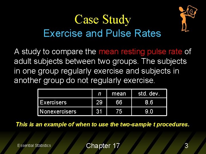 Case Study Exercise and Pulse Rates A study to compare the mean resting pulse