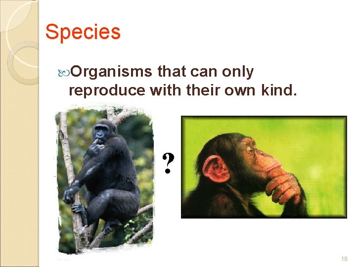 Species Organisms that can only reproduce with their own kind. ? 18 
