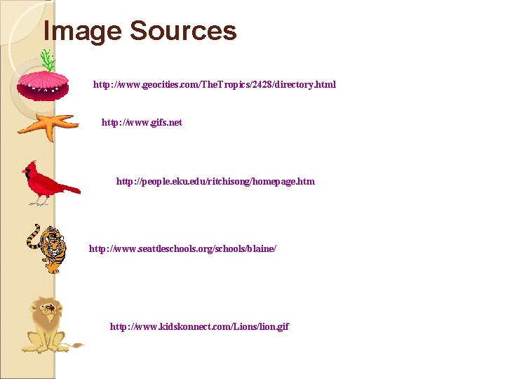 Image Sources http: //www. geocities. com/The. Tropics/2428/directory. html http: //www. gifs. net http: //people.