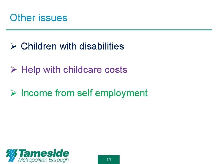 Other issues Ø Children with disabilities Ø Help with childcare costs Ø Income from