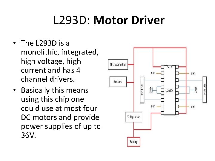 L 293 D: Motor Driver • The L 293 D is a monolithic, integrated,