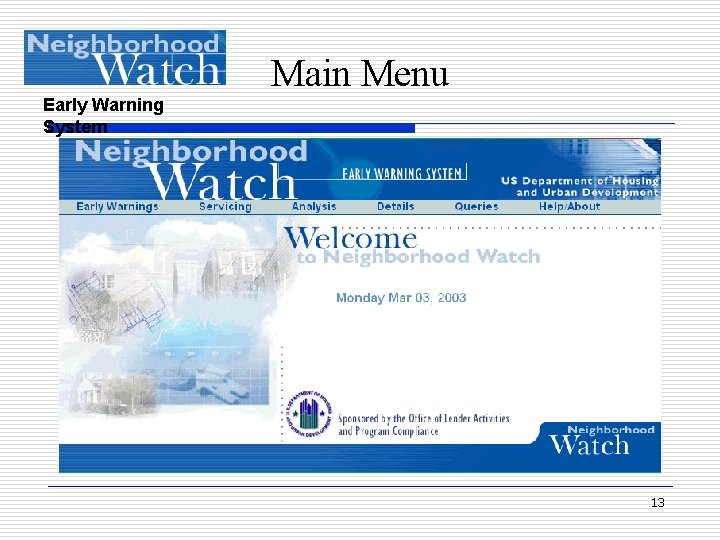 Main Menu Early Warning System 13 