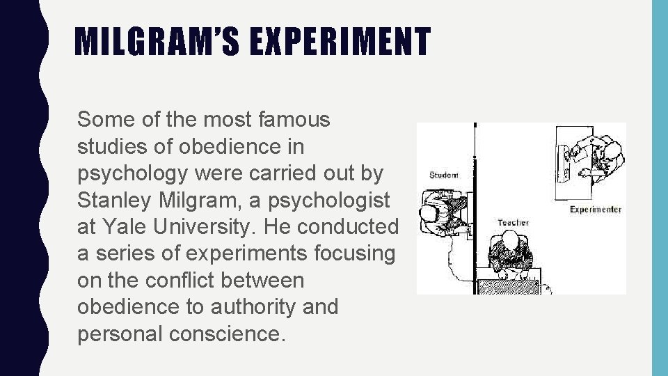 MILGRAM’S EXPERIMENT Some of the most famous studies of obedience in psychology were carried