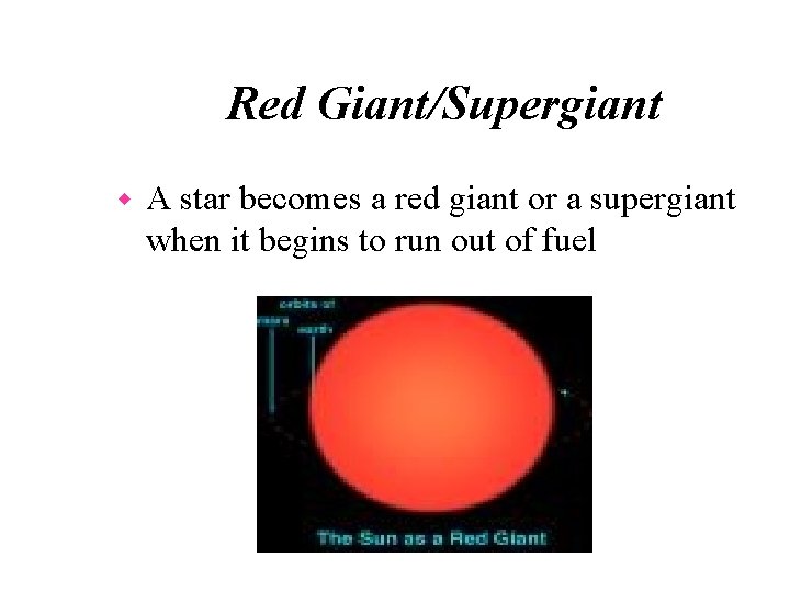 Red Giant/Supergiant w A star becomes a red giant or a supergiant when it