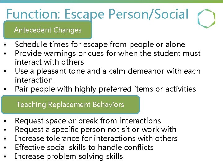 Function: Escape Person/Social Antecedent Changes • • Schedule times for escape from people or