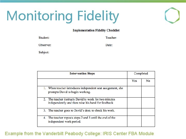 Monitoring Fidelity Example from the Vanderbilt Peabody College: IRIS Center FBA Module 