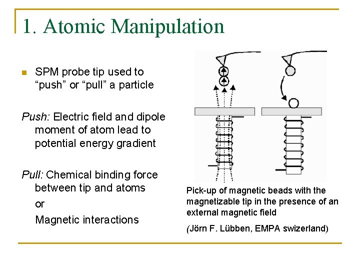 1. Atomic Manipulation n SPM probe tip used to “push” or “pull” a particle