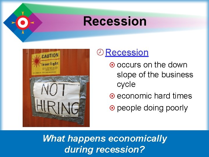 Recession ¾ Recession ¤ occurs on the down slope of the business cycle ¤