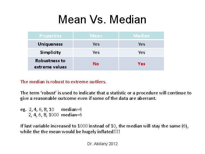 Mean Vs. Median Properties Mean Median Uniqueness Yes Simplicity Yes Robustness to extreme values