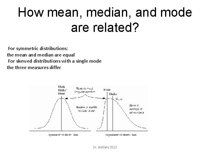 How mean, median, and mode are related? For symmetric distributions: the mean and median