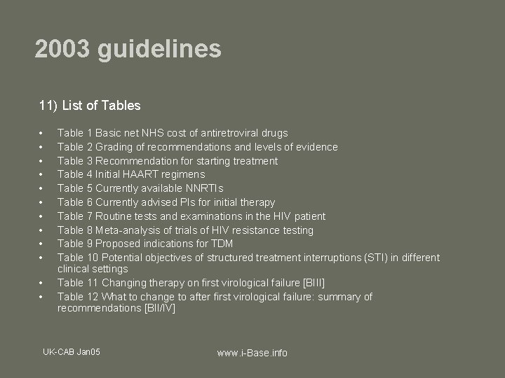 2003 guidelines 11) List of Tables • • • Table 1 Basic net NHS