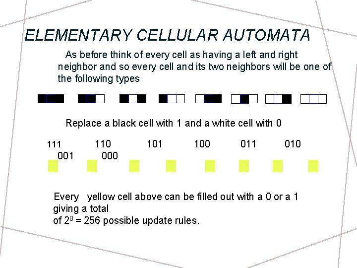 ELEMENTARY CELLULAR AUTOMATA As before think of every cell as having a left and
