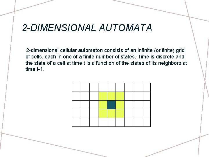 2 -DIMENSIONAL AUTOMATA 2 -dimensional cellular automaton consists of an infinite (or finite) grid