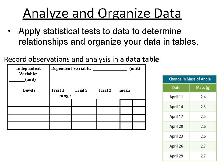 Analyze and Organize Data • Apply statistical tests to data to determine relationships and