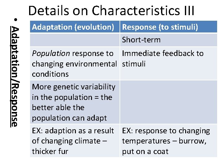  • Adaptation/Response Details on Characteristics III Adaptation (evolution) Response (to stimuli) Short-term Population