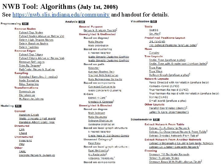 NWB Tool: Algorithms (July 1 st, 2008) See https: //nwb. slis. indiana. edu/community and