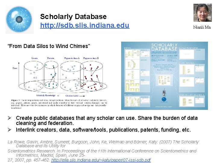 Scholarly Database http: //sdb. slis. indiana. edu Nianli Ma “From Data Silos to Wind