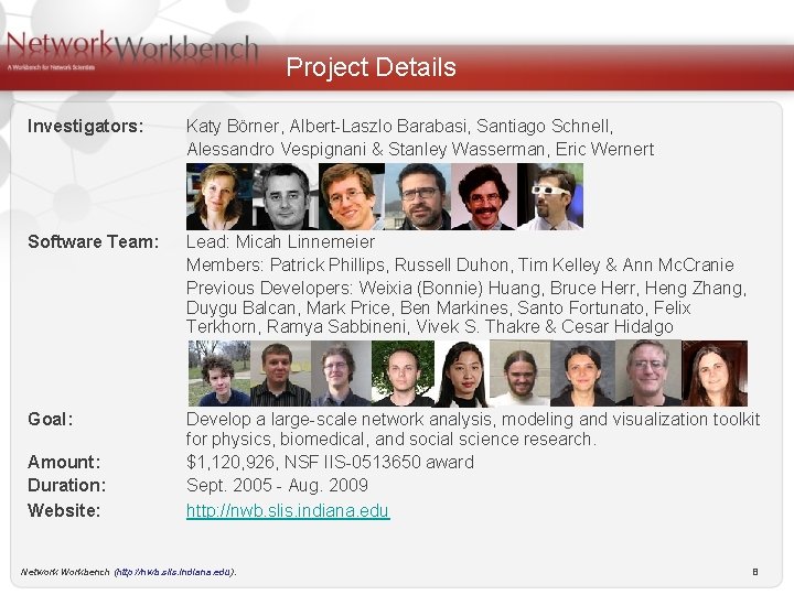 Project Details Investigators: Katy Börner, Albert-Laszlo Barabasi, Santiago Schnell, Alessandro Vespignani & Stanley Wasserman,
