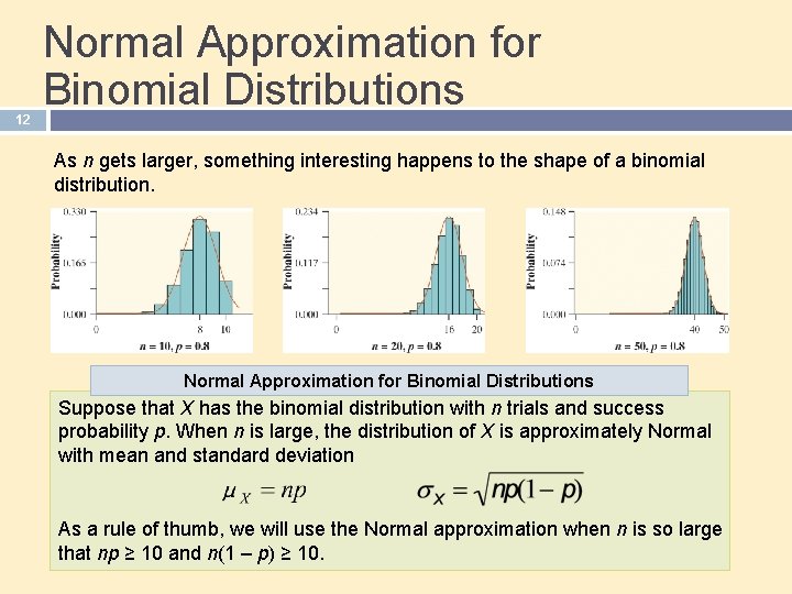12 Normal Approximation for Binomial Distributions As n gets larger, something interesting happens to
