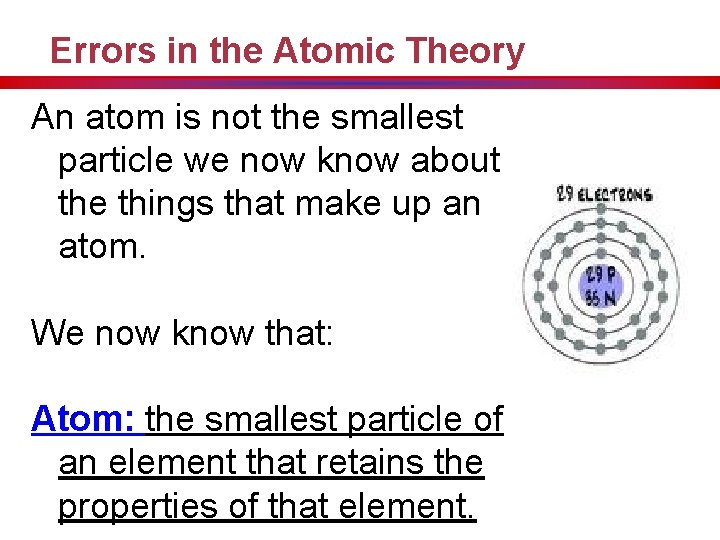 Errors in the Atomic Theory An atom is not the smallest particle we now