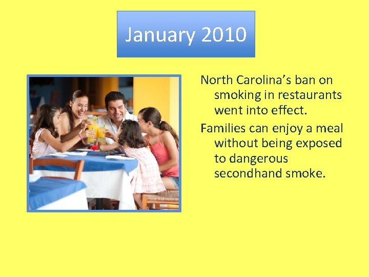 January 2010 North Carolina’s ban on smoking in restaurants went into effect. Families can