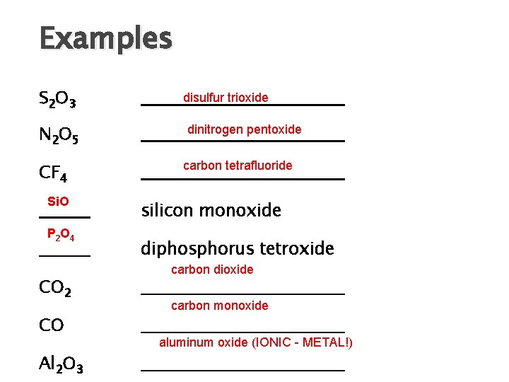 Examples S 2 O 3 N 2 O 5 CF 4 Si. O P
