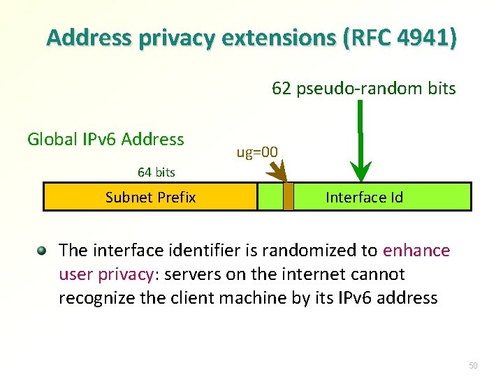 Address privacy extensions (RFC 4941) 62 pseudo-random bits Global IPv 6 Address ug=00 64