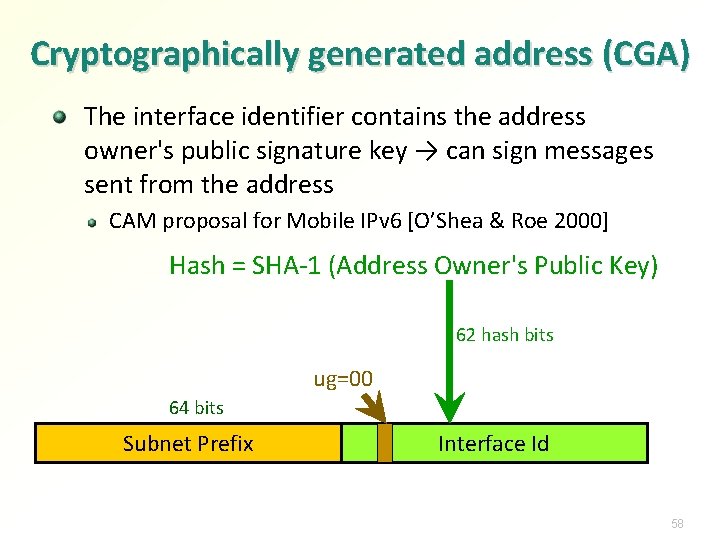 Cryptographically generated address (CGA) The interface identifier contains the address owner's public signature key