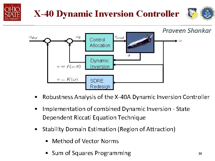 X-40 Dynamic Inversion Controller Praveen Shankar Control Allocation Dynamic Inversion SDRE Redesign • Robustness