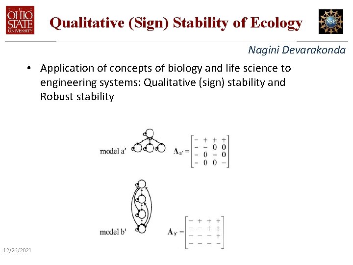 Qualitative (Sign) Stability of Ecology Nagini Devarakonda • Application of concepts of biology and